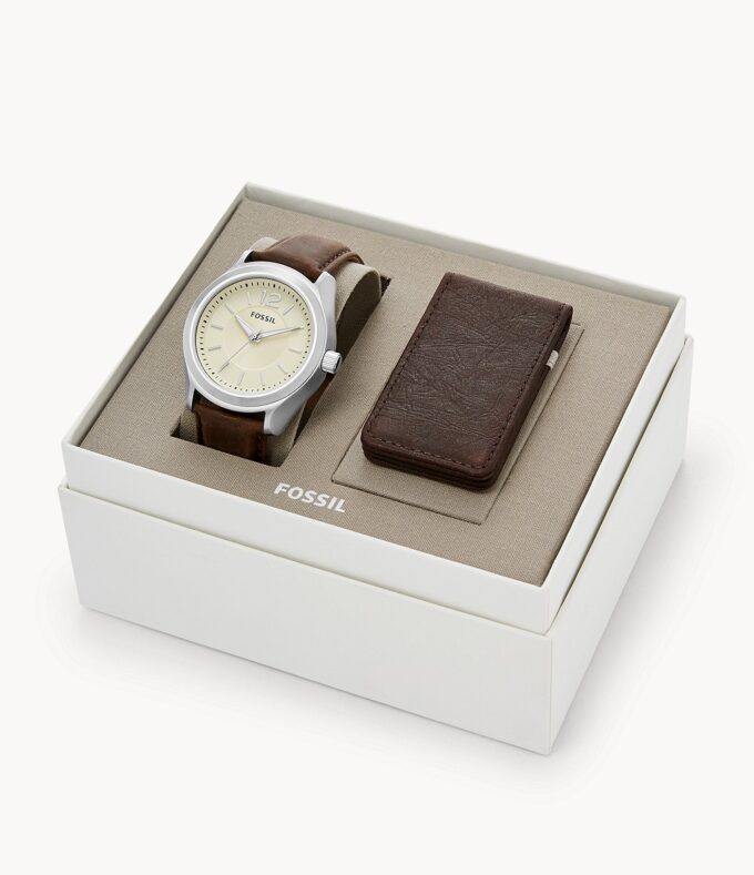 Fossil Editor Brown Leather Watch And Money Clip