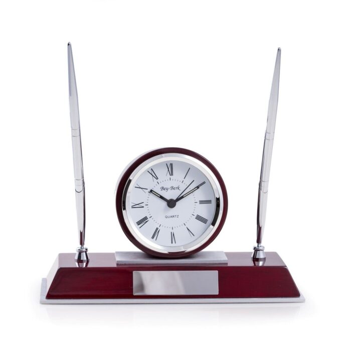 Bey Berk Rosewood Quartz Desk Clock with 2 Pens