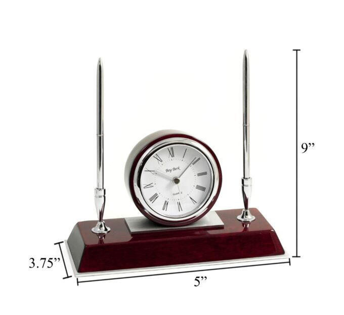 Bey Berk Rosewood Quartz Desk Clock with 2 Pens - Image 2