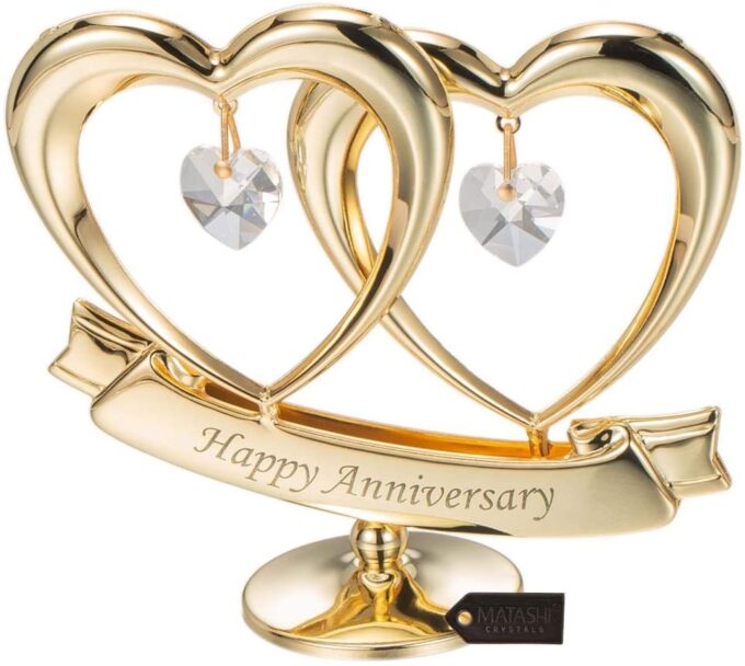 24K Gold Plated Happy Anniversary Double Heart Figurine